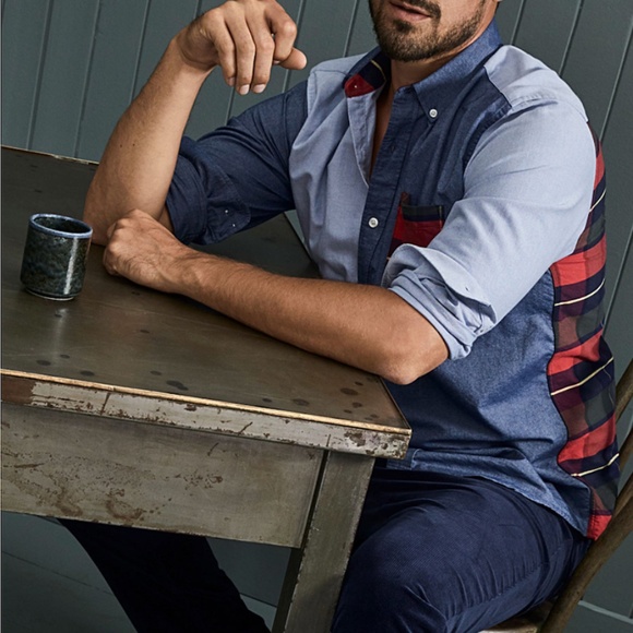 Rustic denim and plaid tartan black and red organic cotton Oxford shirt NWT - Picture 1 of 10